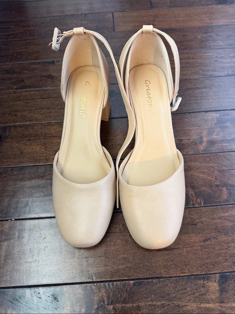 Greatonu Womens Ankle-Strap Pumps in Nude Beige